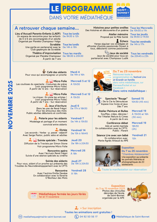 Programme 2025 novembre mediatheque saint bonnet